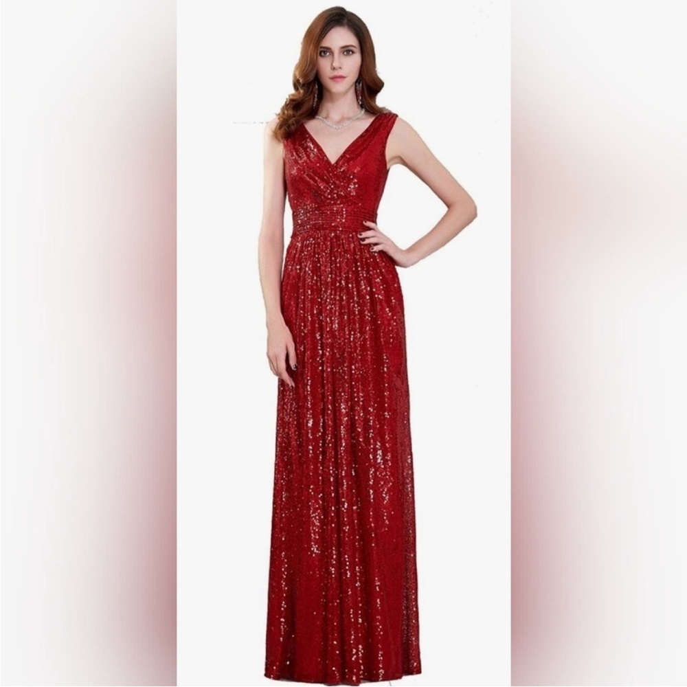 NWT Kate Kasin Red Sequin V Neck Long gown - Red Size 8